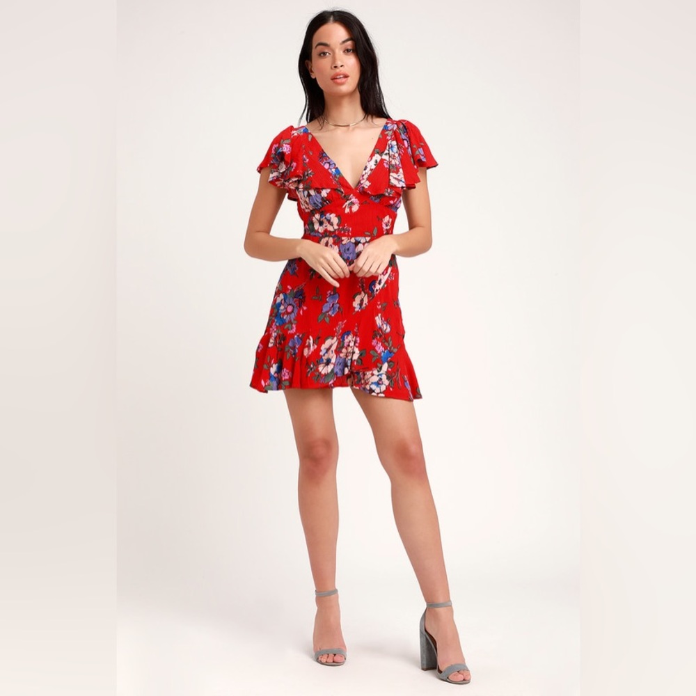 Band of Gypsies Maldives Red Floral Print Ruffled Dress size Small